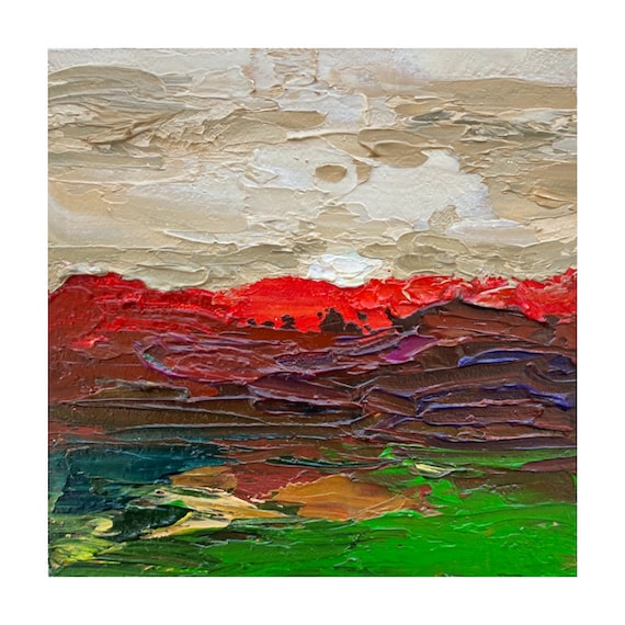 アイスランドの風景油絵：インパスト北欧ミニマリズムアート（4x4