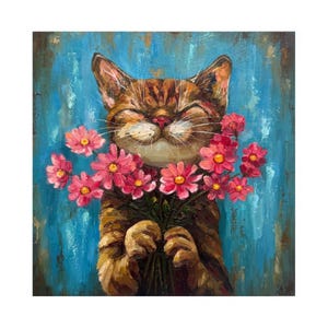 Peinture de chat roux, art original de chat Chat avec des fleurs, peinture de chat roux, art mural portrait de chat, peinture d'empâtement, art de chat heureux 20 x 20 cm