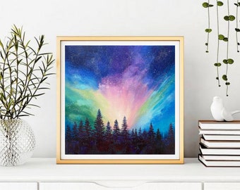 オリジナルオーロラ油絵：ミネソタの夜空インパストアート（12x12