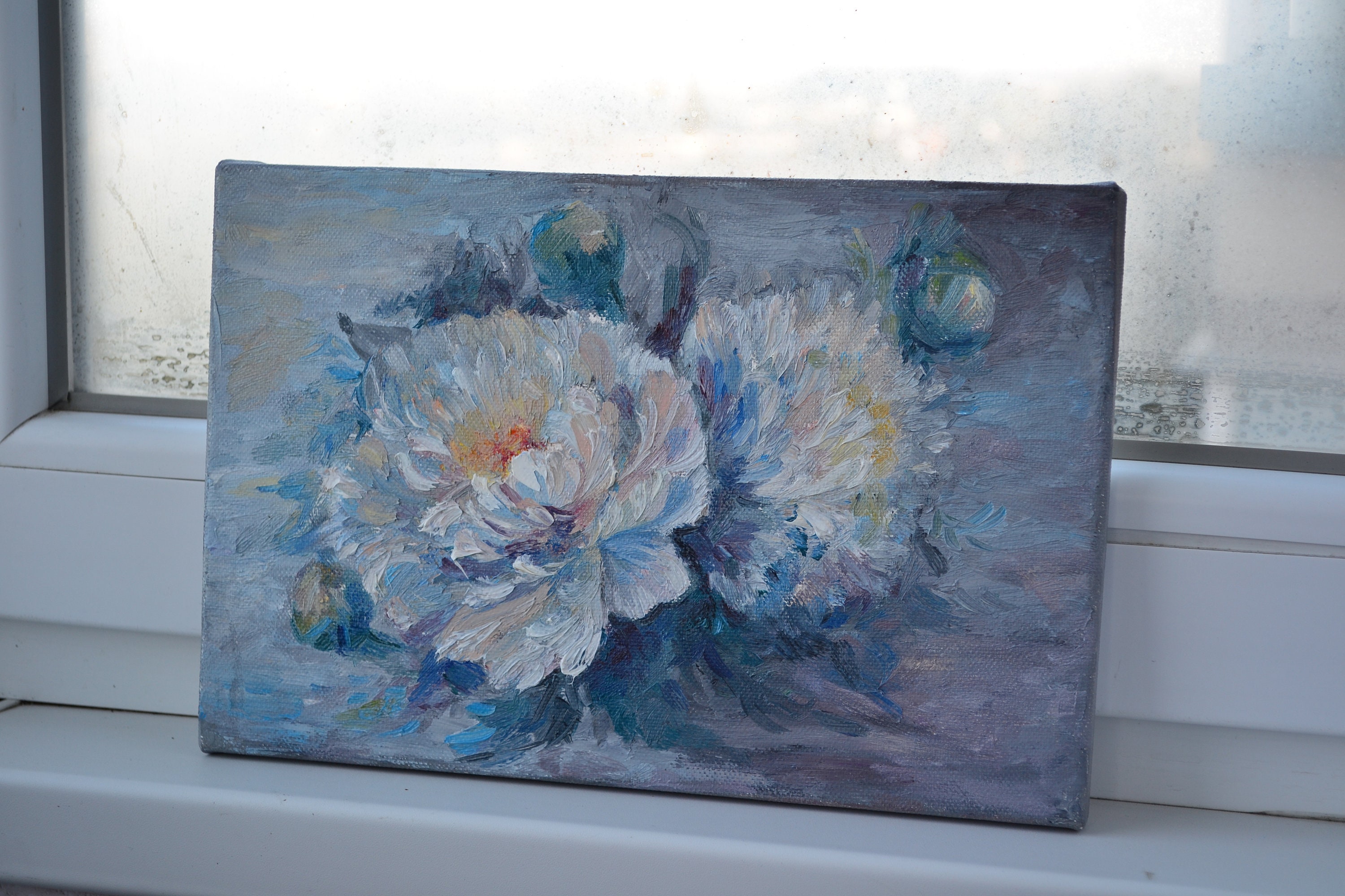 インパスト白牡丹油絵：花の壁アート（8x12） - Etsy 日本