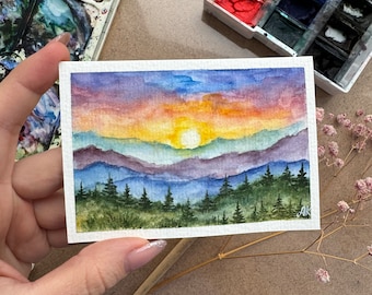 Smoky Mountains Painting ACEO original Watercolor Art National Park Wall Art Mountain Landscape small artwork 3x4 by Alla
