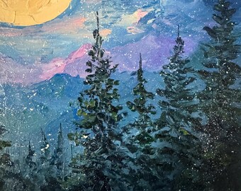満月の松の木の油絵：夜の森のインパストアート（8x8インチ） - Etsy 日本
