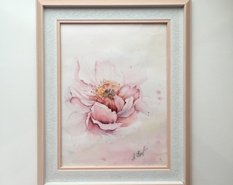 Framed Pink Peony Watercolor Painting: Original Floral Wall Art (6x8)