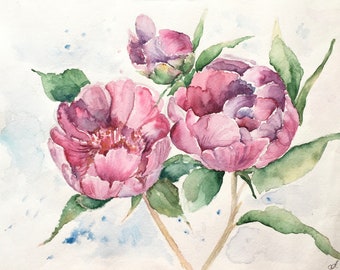 Original Aquarell Pfingstrose: Blumenbild