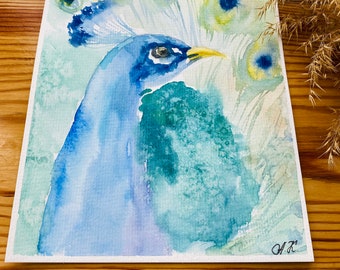 オリジナルの孔雀の水彩画：カラフルな鳥の壁アート（8x6） - Etsy 日本