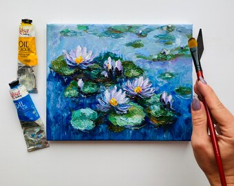 オリジナルの睡蓮の油絵：インパストフローラルポンドアート（8x10