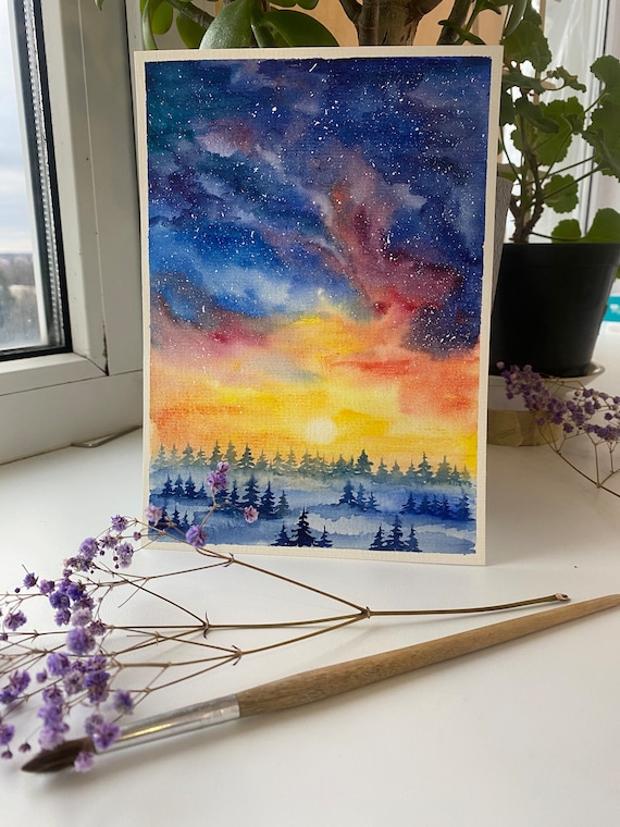 オリジナル夜空水彩画：松林の銀河アート（8x6） - Etsy 日本