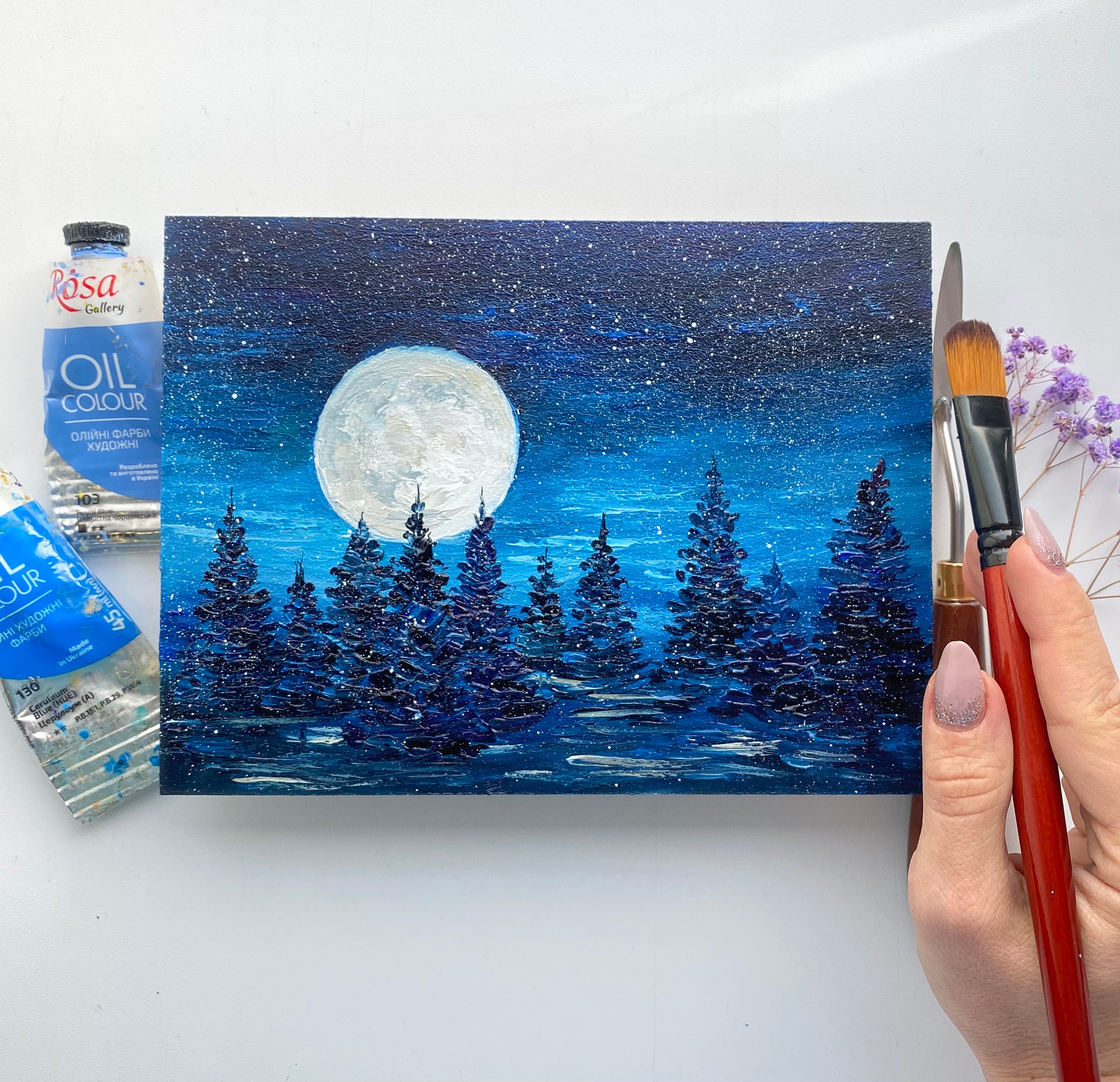 オリジナル満月油絵：夜の森の風景インパストアート（8x6インチ