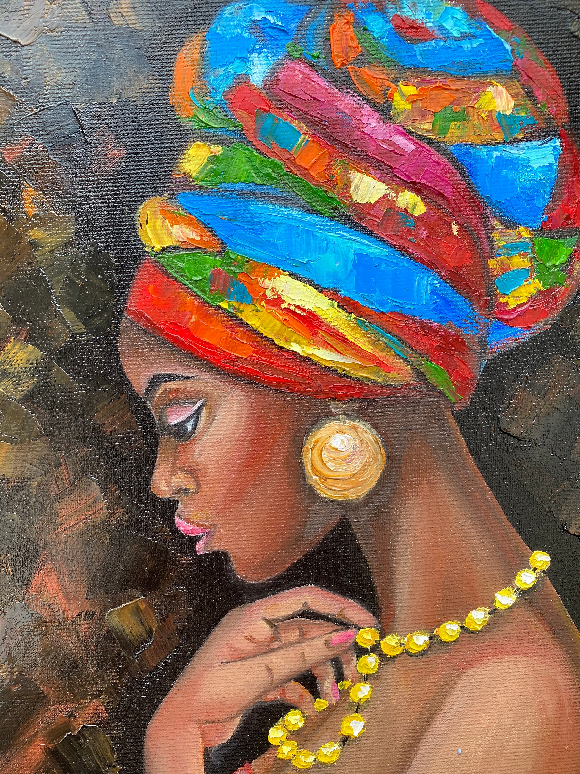 アフリカの女王の絵画：インパスト油絵肖像画、12x12キャンバスアート