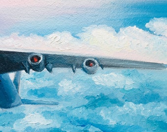 飛行機の油絵：空と雲のオリジナルアート（8x12インチ） - Etsy 日本