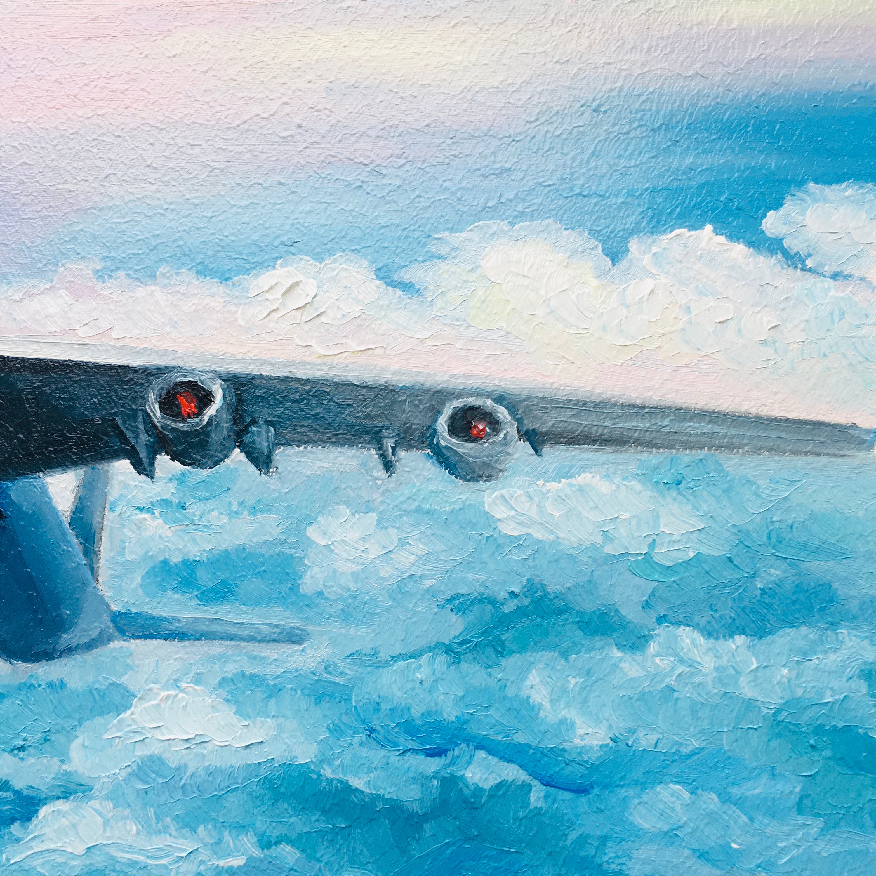 飛行機の油絵：空と雲のオリジナルアート（8x12インチ） - Etsy 日本