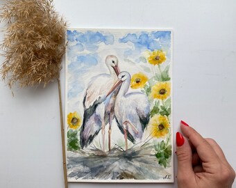 コウノトリの水彩画：オリジナルの鳥のアート、8x6インチ - Etsy 日本