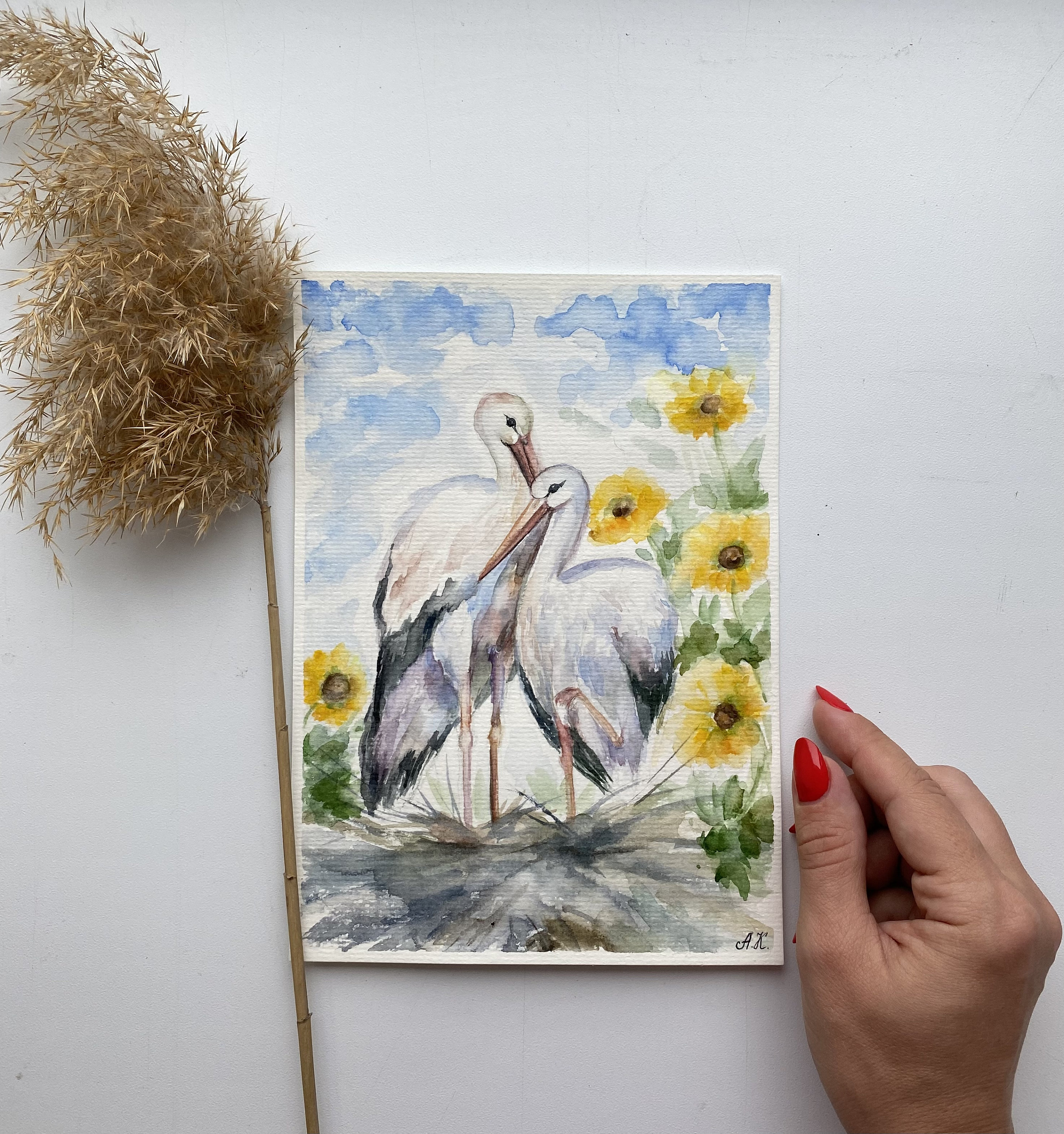 コウノトリの水彩画：オリジナルの鳥のアート、8x6インチ - Etsy 日本