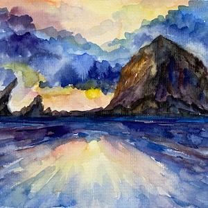 Cannon Beach Painting Original Watercolor Art Oregon Seascape Wall Art Haystack Rock painting Cannon Beach watercolor artwork 6x8 by Alla