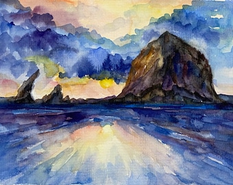 Cannon Beach Painting Original Watercolor Art Oregon Seascape Wall Art Haystack Rock painting Cannon Beach watercolor artwork 6x8 by Alla