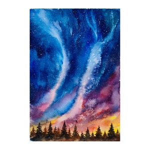 Night Sky Painting Original Art Watercolor Forest Wall Art Pine Tree painting Galaxy Artwork Night Forest Cosmos small painting  6x8 by Alla