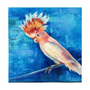 Parrot Cockatoo Painting Original Art Parrot Wall Art Colorful Bird impasto oil painting Australian cockatoo painting Parrot artwork 8x8