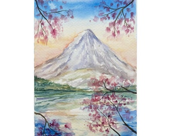 富士山の水彩画：日本の桜のアート（8x6インチ） - Etsy 日本