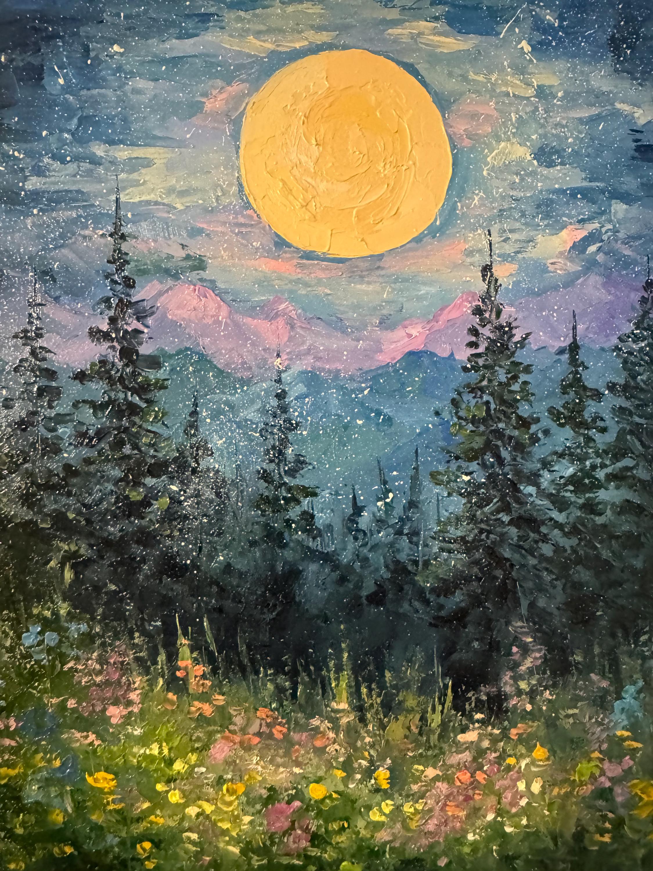 満月の松の木の油絵：夜の森のインパストアート（8x8インチ） - Etsy 日本