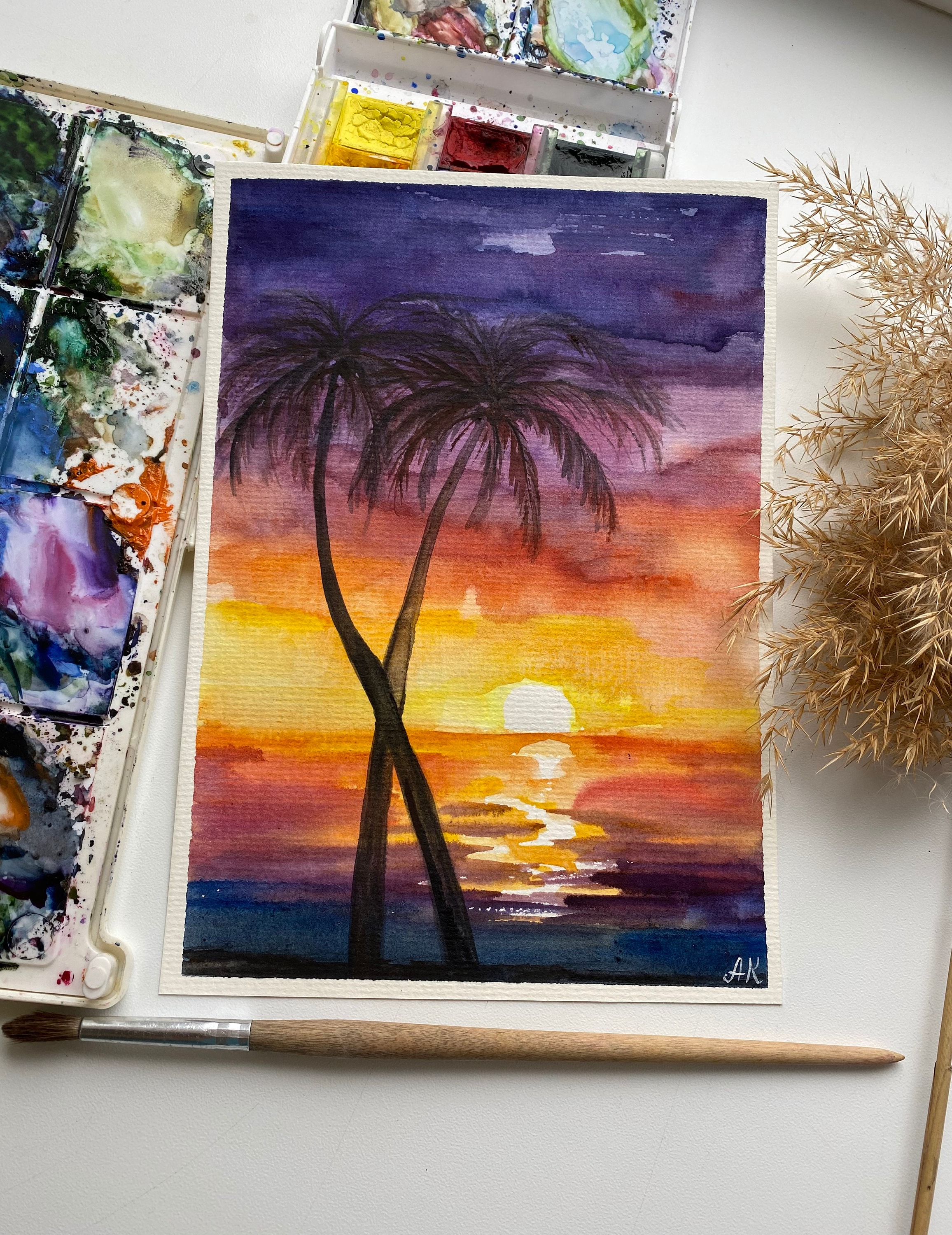 ハワイの絵画 水彩画 海の景色 オリジナルアート ヤシの木の絵画