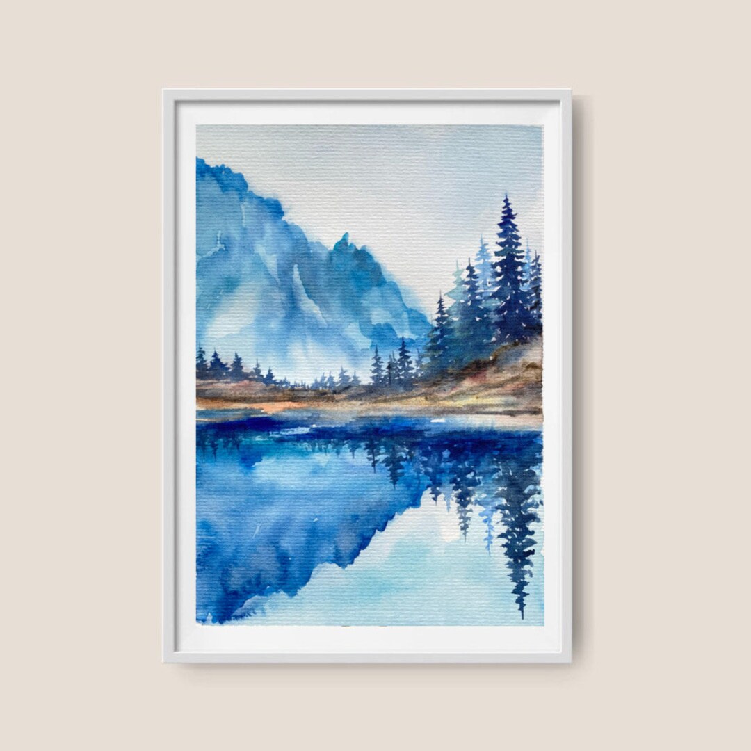 Mountain River Landscape Watercolor Painting Pine Tree Wall Art Neutral ...