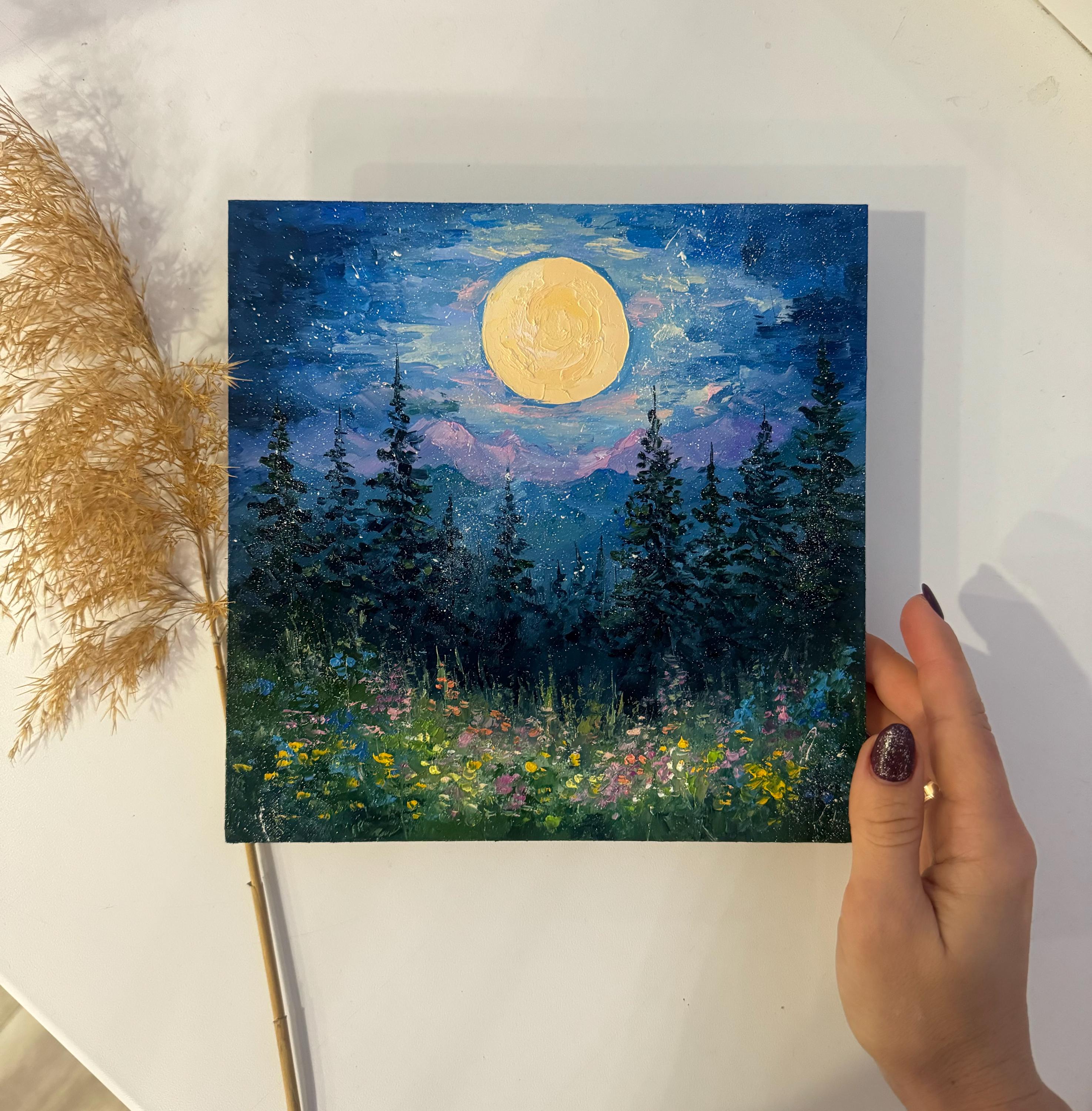 満月の松の木の油絵：夜の森のインパストアート（8x8インチ） - Etsy 日本