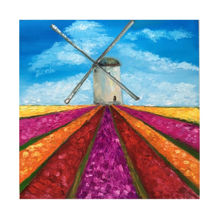 オランダの田舎の風景。風車が描かれている油絵です。サイン有 オランダ風車村 Oil on canvas F6(31×41㎝) 初めてのオランダ