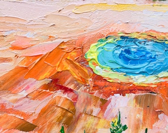 イエローストーン間欠泉の絵画：モンタナの風景を描いたインパスト油彩
