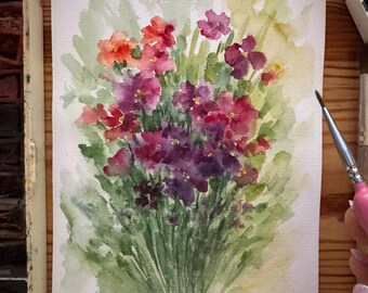 オリジナル水彩画「野の花」：草原の花のアート、8x6インチ - Etsy 日本
