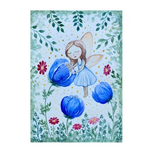 Fairy painting Floral Watercolor Original Art Flower Fairy Artwork Fairy Wall Art Blue Flower painting Watercolor floral Art 8x6 inches