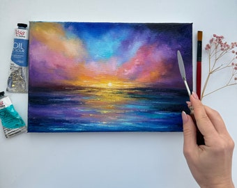 キャンバスに描かれた夕焼けの海景油絵（8x12インチ） - Etsy 日本