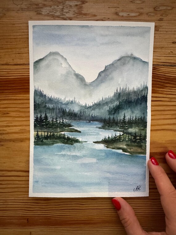 オリジナル水彩画「山と川」：松の木の風景画（6x8インチ） - Etsy 日本
