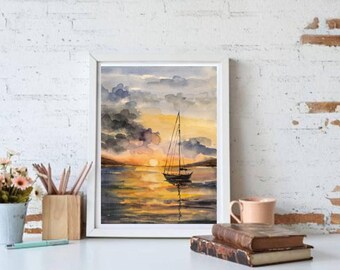 オリジナル水彩画「帆船」：カリフォルニアの海景アート 6x8 - Etsy 日本