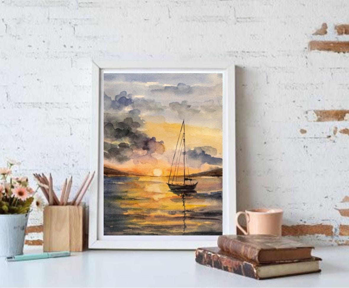 オリジナル水彩画「帆船」：カリフォルニアの海景アート 6x8 - Etsy 日本