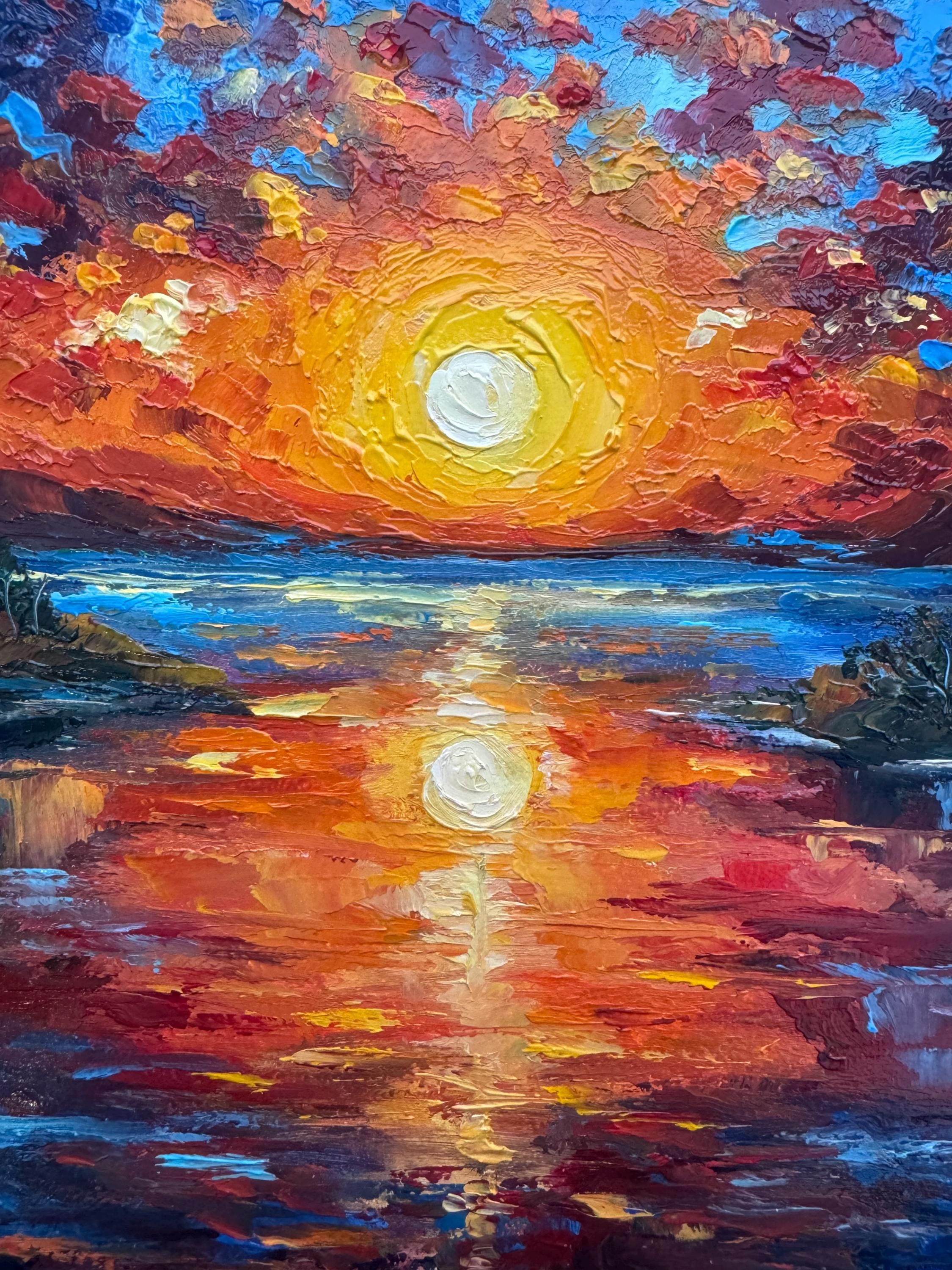ミシガン湖の夕日の油絵：オリジナルのインパスト風景画（8 x 8インチ