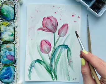 チューリップの絵画 オリジナル水彩画 花のアート チューリップ