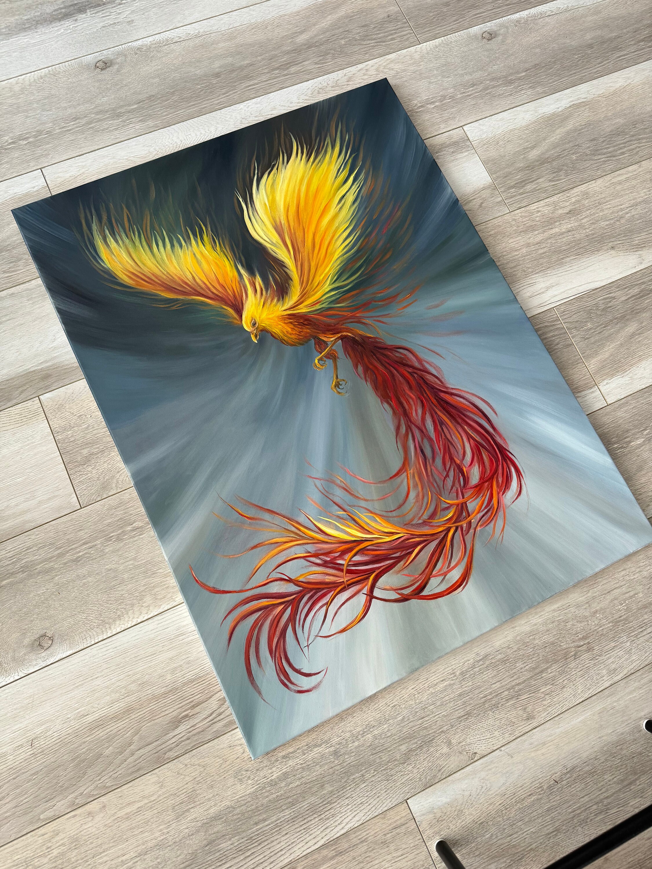 油絵  絵画 【フェニックス】 フェニックスの絵画：キャンバスに油彩を描いたインパスト画 - 燃える