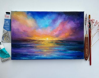 キャンバスに描かれた夕焼けの海景油絵（8x12インチ） - Etsy 日本
