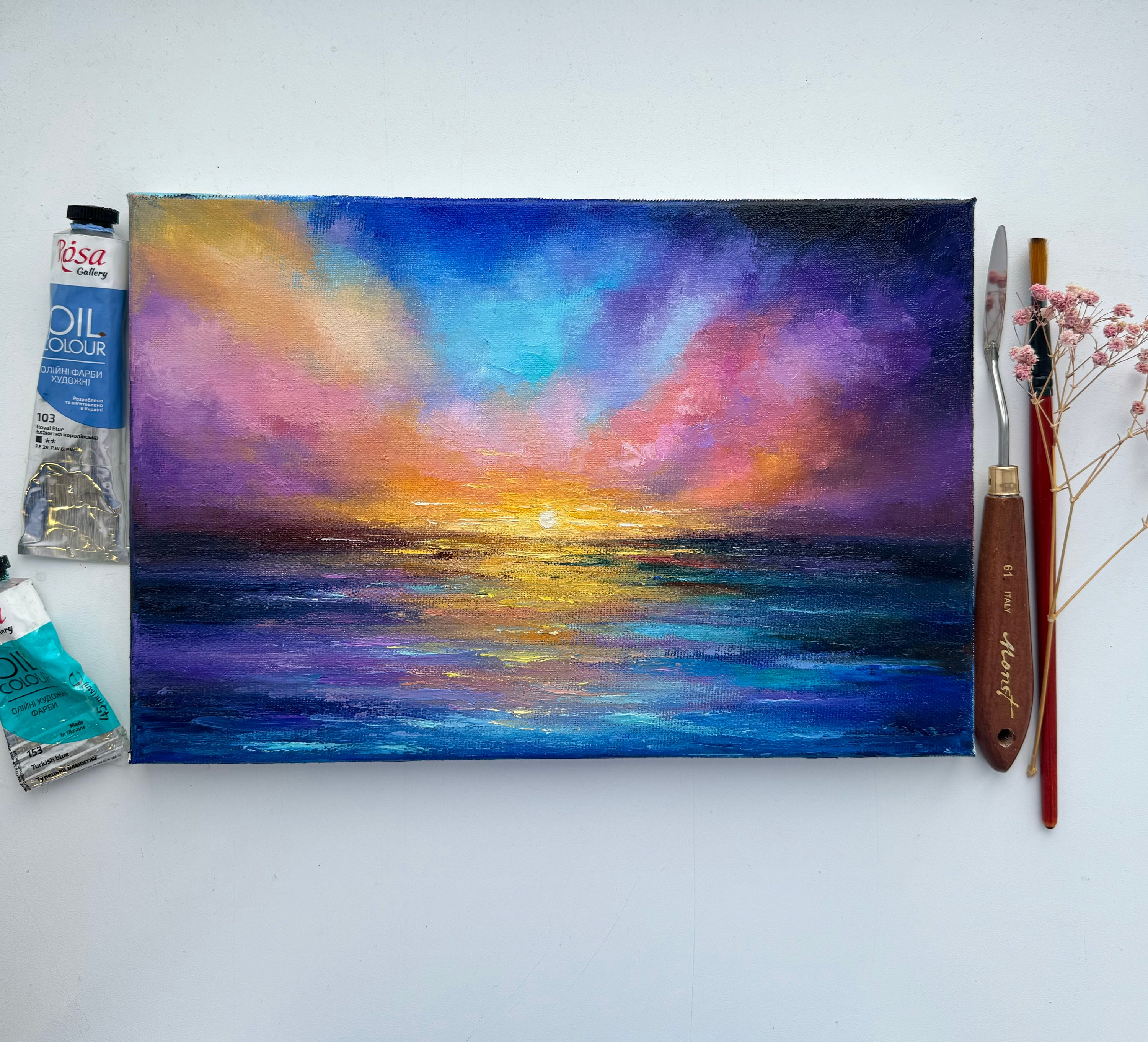 キャンバスに描かれた夕焼けの海景油絵（8x12インチ） - Etsy 日本