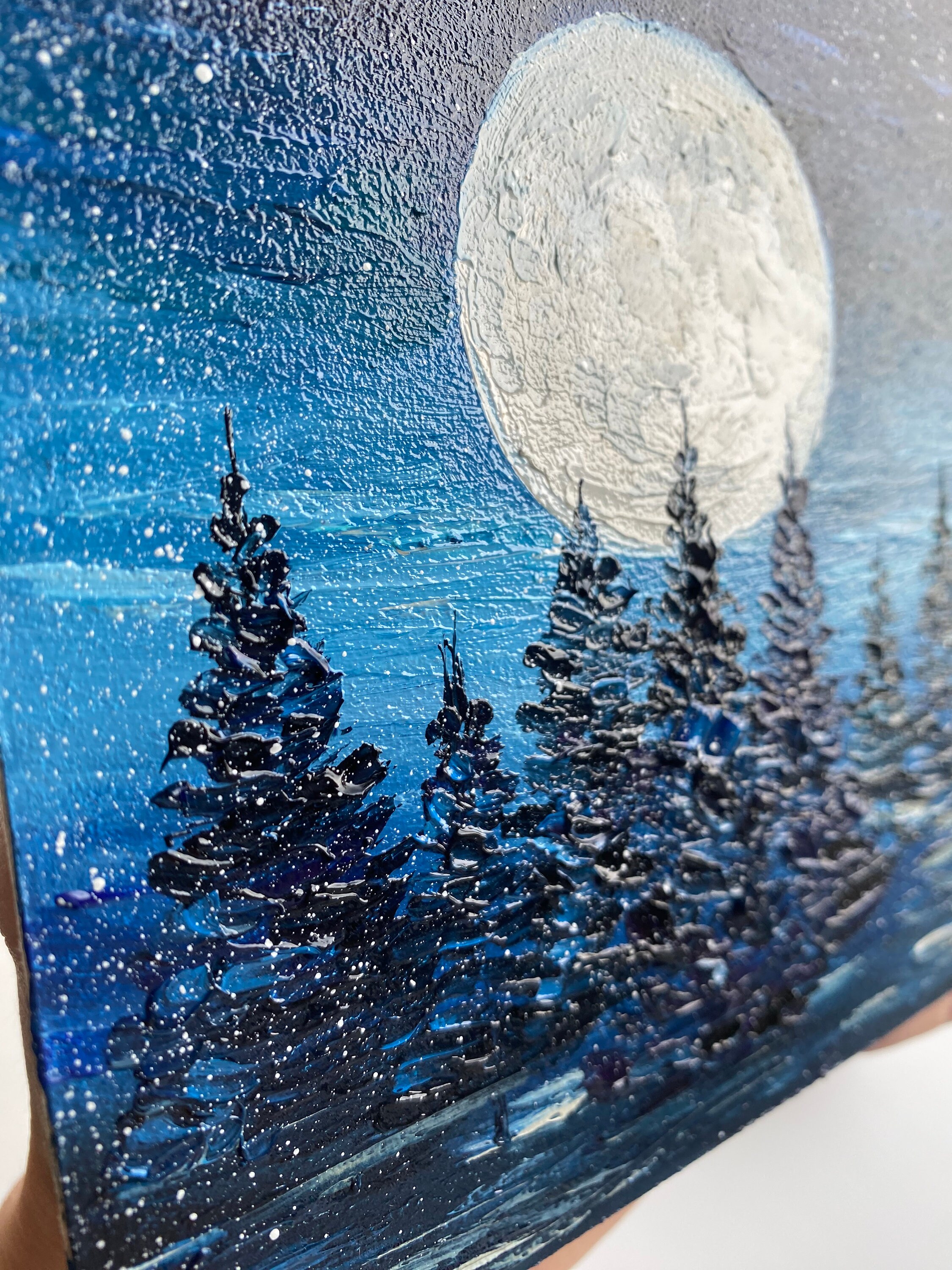 満月の風景画 松の木 オリジナルアート 夜の森 油絵 月光