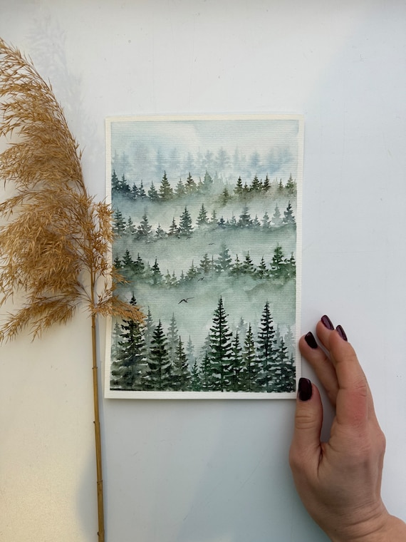 オリジナル松林水彩画：針葉樹林の風景画（8x6） - Etsy 日本