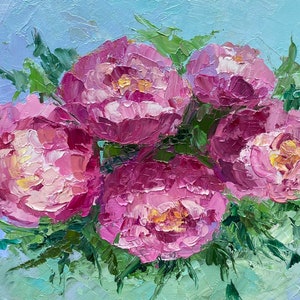 Peonies Painting Pink Flowers Original Art Flowers Abstract Art Small Painting Peony Wall Art Peonies Impasto Painting 8 by 12 by Alla
