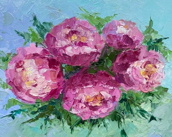 Obraz „Peonies”: Różowa sztuka impasto kwiatowa, 8x12