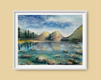 Acadia National Park Art print Acadia Wall Art Watercolor Mountain Lake painting National Park watercolor print Mountain Landscape poster
