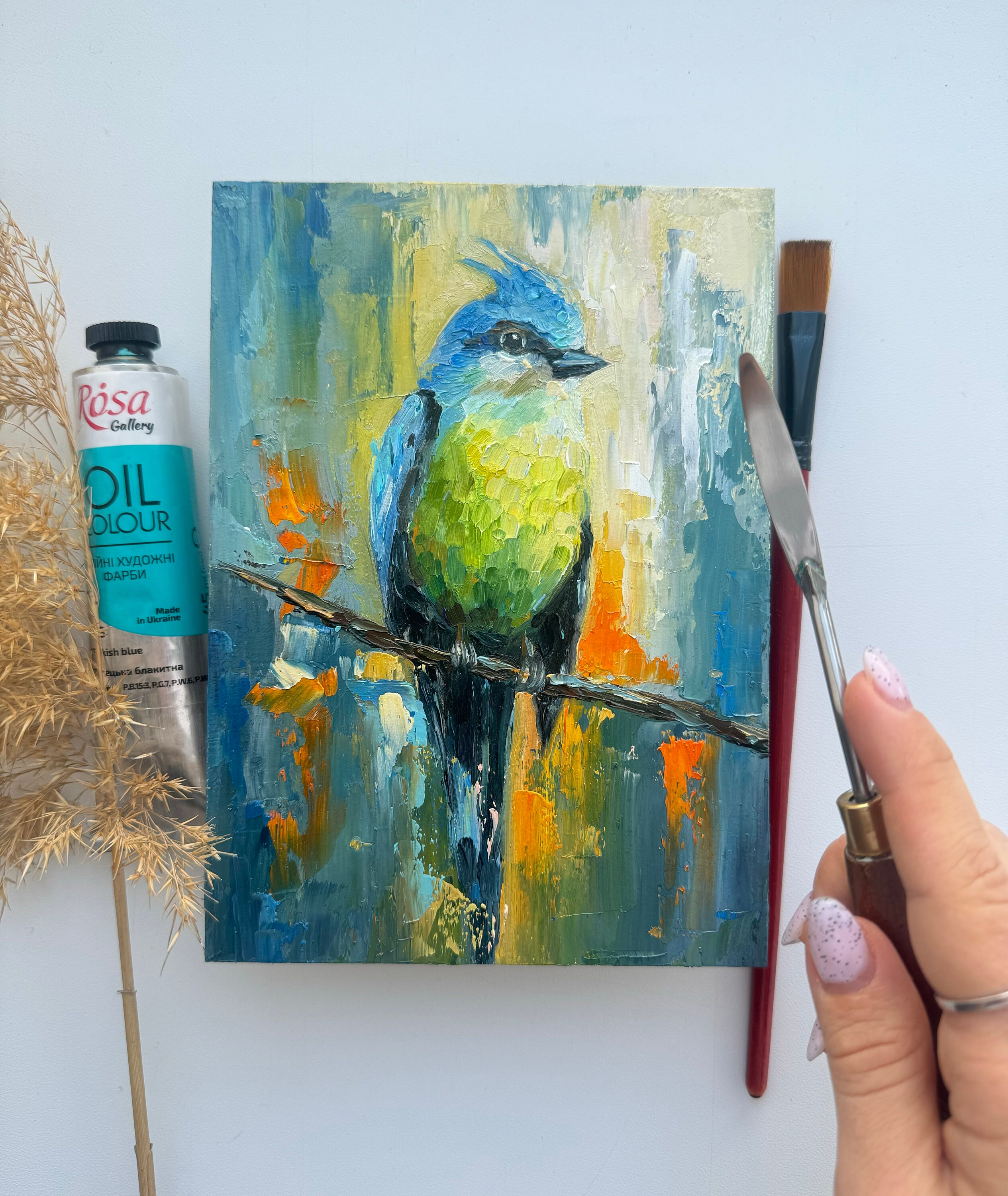 クマガイモリカズ　油絵　お盆　鳥 クマガイモリカズ 油絵 お盆 鳥 絵画