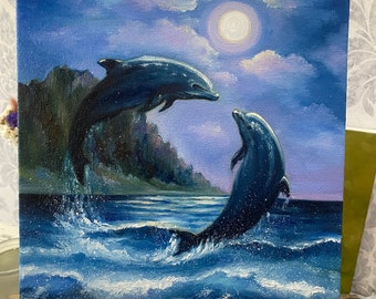 イルカの絵画：オリジナル油絵、満月の海景（10x10） - Etsy 日本