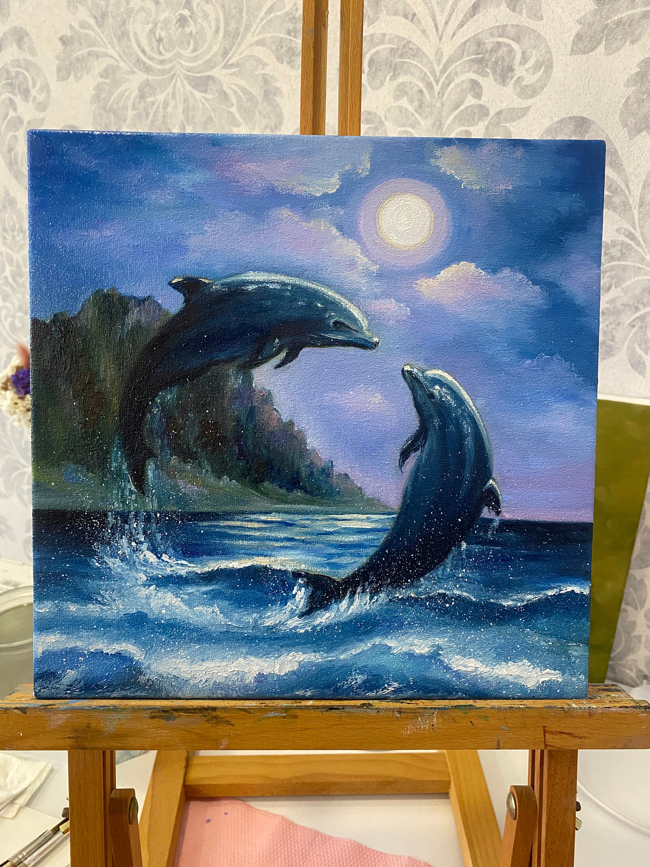 イルカの絵画 オリジナルアート イルカ ウォールアート 海の動物