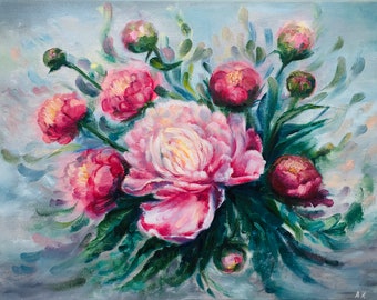 Pioenen schilderij bloemen originele kunst roze pioenrozen wall art bloemen pioenroos kunstwerk roze pioenrozen olieverfschilderij op canvas bloemenschilderij 12x16