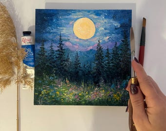 満月の松の木の油絵：夜の森のインパストアート（8x8インチ） - Etsy 日本
