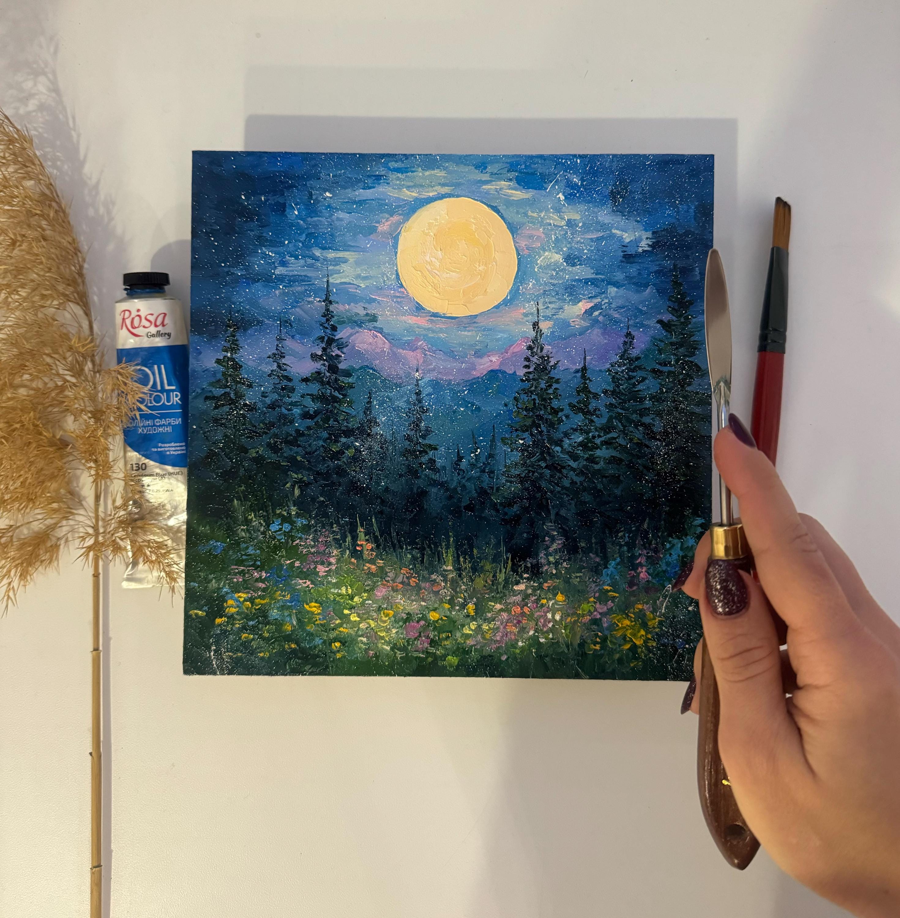 満月の松の木の油絵：夜の森のインパストアート（8x8インチ） - Etsy 日本